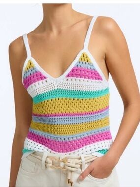 525 America Multicolor Crochet V-Neck Camisole in White, Pink & Yellow
